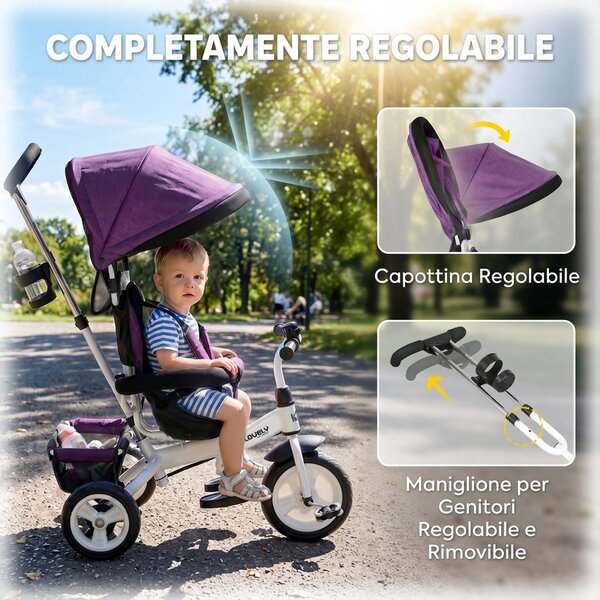 HOMCOM Triciclo 6-in-1 con barra spingibile, cappottina, cintura, cestino portaoggetti, per 1-5 anni, Blu | Aosom Italy