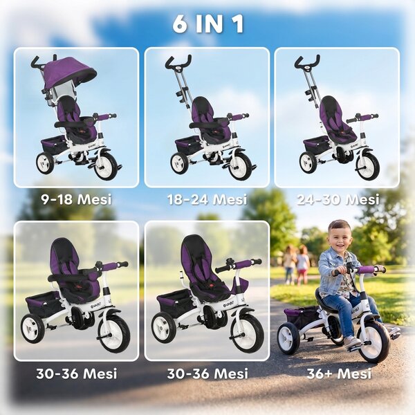 HOMCOM Triciclo 6-in-1 con barra spingibile, cappottina, cintura, cestino portaoggetti, per 1-5 anni, Blu | Aosom Italy