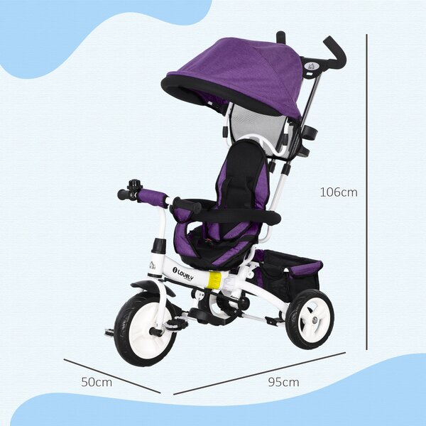 HOMCOM Triciclo 6-in-1 con barra spingibile, cappottina, cintura, cestino portaoggetti, per 1-5 anni, Blu | Aosom Italy