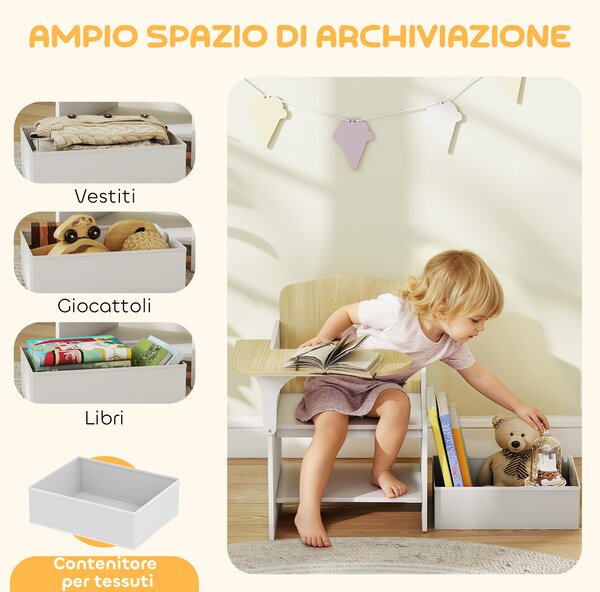 AIYAPLAY Set Tavolo e Sedia per Bambini 3-5 Anni in Legno MDF con Motivi a Cuore, Contenitore Integrato, Bianco | Aosom Italy