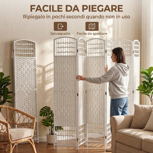 HOMCOM Paravento da Interno a 6 Pannelli Pieghevole 240x170 cm Bianco | Aosom Italy