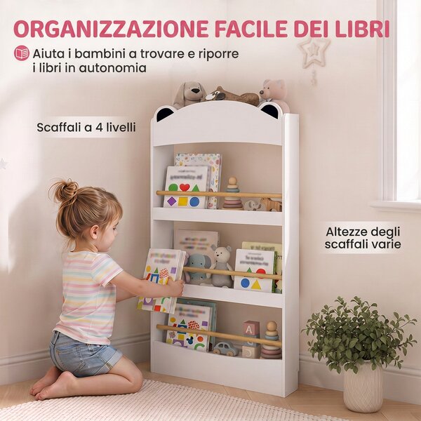 AIYAPLAY Libreria Montessoriana per Bambini 3-8 Anni a Forma di Orso con 4 Ripiani in Legno, 50x15x97 cm, Bianco | Aosom Italy