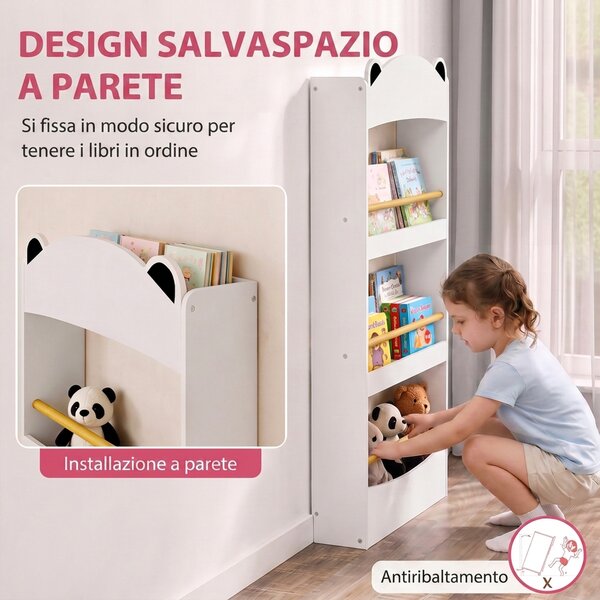 AIYAPLAY Libreria Montessoriana per Bambini 3-8 Anni a Forma di Orso con 4 Ripiani in Legno, 50x15x97 cm, Bianco | Aosom Italy