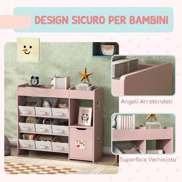 AIYAPLAY Scaffale Portagiochi Bambini in Legno con 9 Contenitori Rimovibili e Armadietto, 92x30x80 cm, Rosa | Aosom Italy