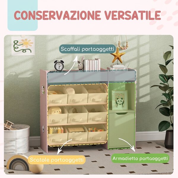 AIYAPLAY Scaffale Portagiochi Bambini in Legno con 9 Contenitori Rimovibili e Armadietto, 92x30x80 cm, Rosa | Aosom Italy