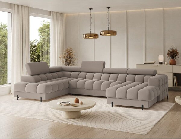 Divano angolare marrone chiaro allungabile (con penisola a sinistra/a U) con rivestimento in velluto Feraria – ELTAP