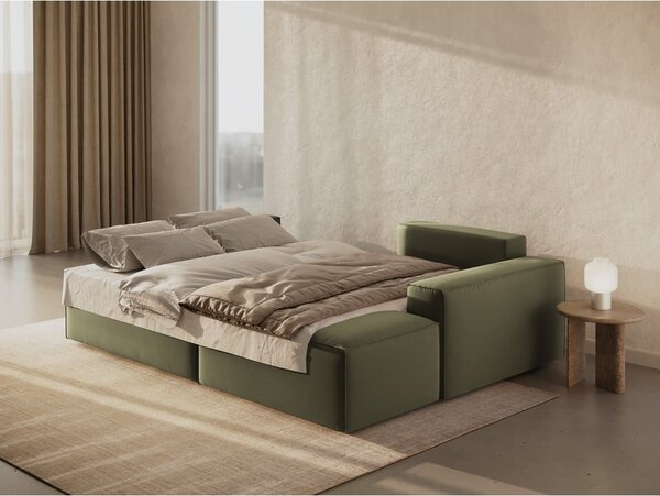 Divano angolare verde allungabile/con contenitore (con penisola a destra/con chaise lounge) con rivestimento in velluto Jodie – Micadoni