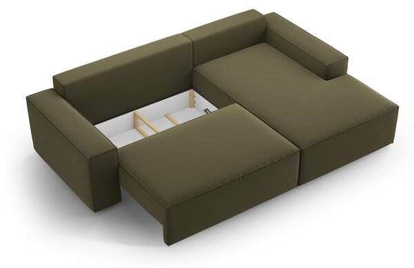 Divano angolare verde allungabile/con contenitore (con penisola a destra/con chaise lounge) con rivestimento in velluto Jodie – Micadoni