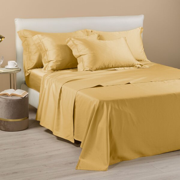 Completo Lenzuola In Raso Di Cotone Raso Matrimoniale Dreaming Tinta Unita Gold Caleffi
