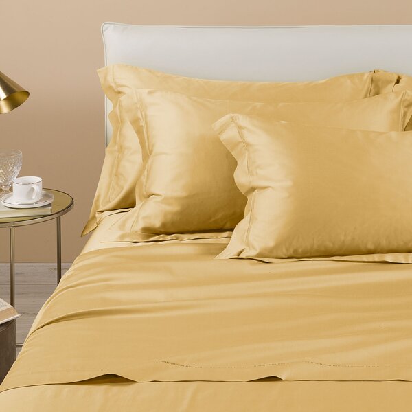 Completo Lenzuola In Raso Di Cotone Raso Matrimoniale Dreaming Tinta Unita Gold Caleffi