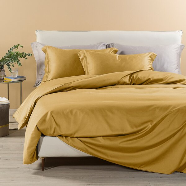 Completo Copripiumino In Raso Di Cotone Raso Matrimoniale Dreaming Tinta Unita Gold Caleffi