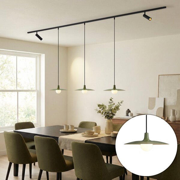 Sistema di illuminazione a binario moderno nero con 2 faretti e 3 lampade a sospensione verdi monofase - Slimline Uzzy Panzi