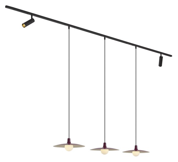 Sistema di illuminazione a binario moderno nero con 2 faretti e 3 lampade a sospensione viola monofase - Slimline Uzzy Panzi