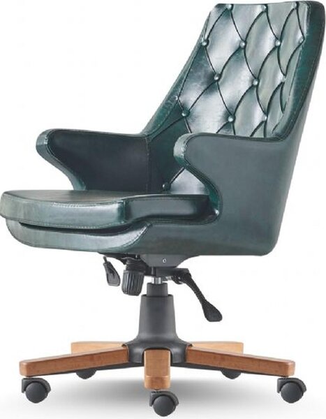 Sedia da ufficio per studio con rotelle e bottoni verdi Pelle classica Chesterfield