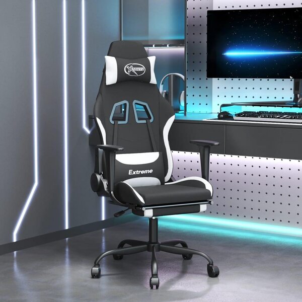 Sedia da gaming vidaXL con funzione massaggio e poggiapiedi, in tessuto bianco e nero