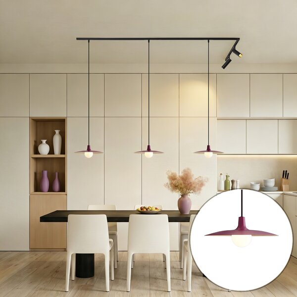 Sistema di illuminazione a binario moderno nero con 2 faretti e 3 lampade a sospensione viola monofase - Slimline Uzzy Panzi