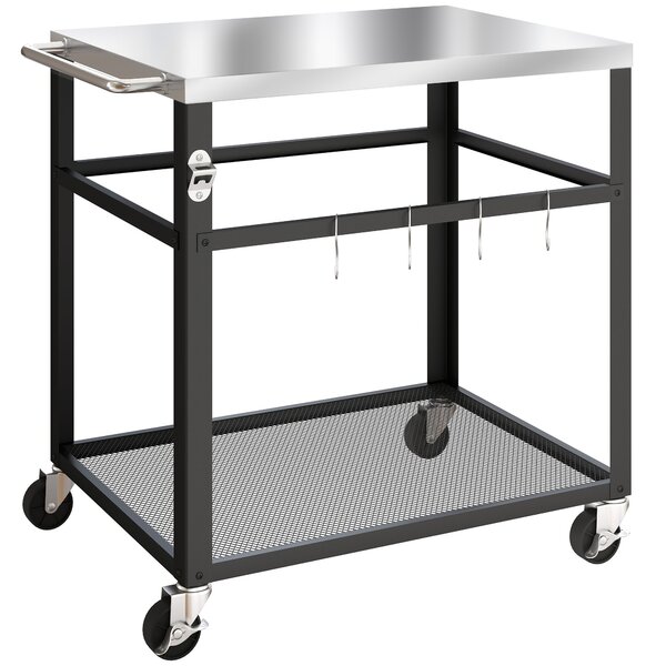Carrello per Barbecue 82x55x79 cm con Piano 4 Ganci a S Maniglia e Apribottiglie in Acciaio Inox Nero