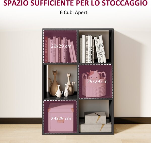 HOMCOM Libreria a Cubi con 6 Ripiani Portaoggetti in Legno dal Design Rustico, 61.5x29.5x91.5 cm, Nero | Aosom Italy
