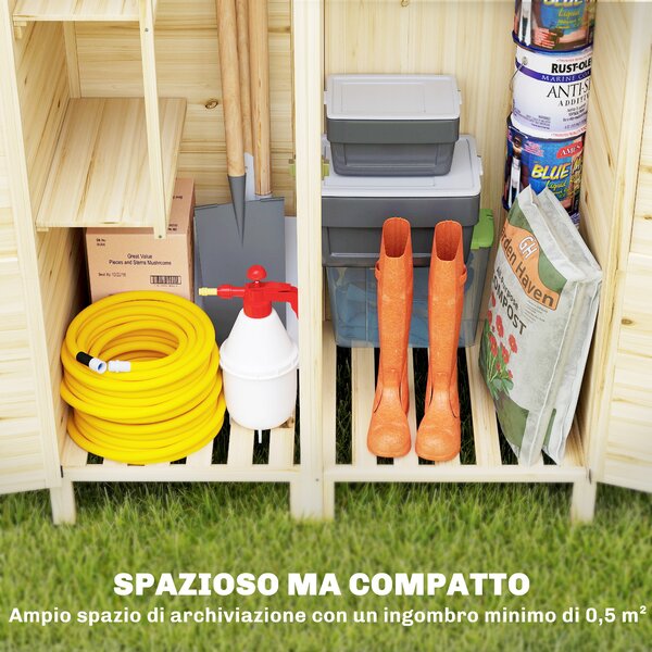 Outsunny Capanno per Attrezzi a 2 Zone con Ripiani Regolabili e Finestra, in Legno di Abete, 106x57x167 cm, Color Legno | Aosom Italy