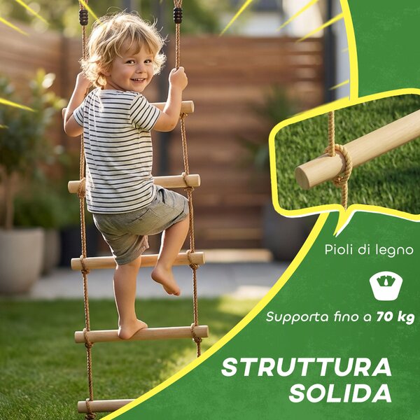 AIYAPLAY Scaletta per Bambini 3-8 Anni a 5 Pioli con Fibbie e Cinghie, in Legno e PE, color Legno | Aosom Italy