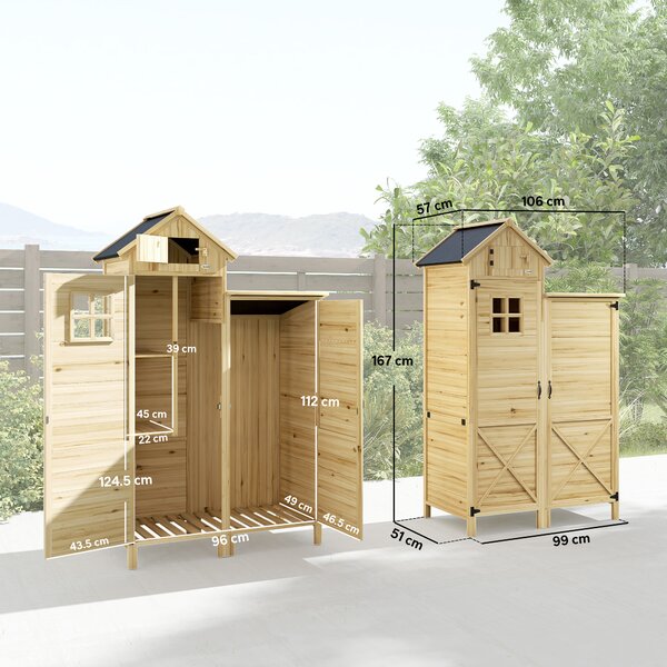 Outsunny Capanno per Attrezzi a 2 Zone con Ripiani Regolabili e Finestra, in Legno di Abete, 106x57x167 cm, Color Legno | Aosom Italy