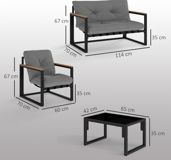 Outsunny Set da Giardino 4 Pezzi con 2 Sedie, Divanetto 2 Posti e Tavolino, in Acciaio e Poliestere Grigio Chiaro e Nero