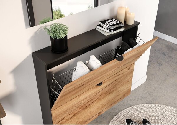 Scarpiera color antracite/di colore naturale con effetto rovere con ante ribaltabili/da parete 100x85x19 cm Renell – Germania