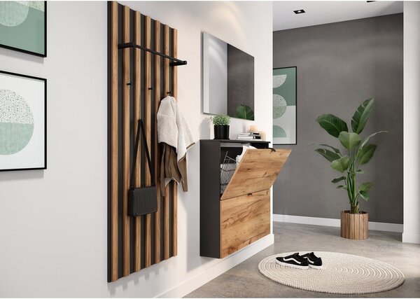 Scarpiera color antracite/di colore naturale con effetto rovere con ante ribaltabili/da parete 100x85x19 cm Renell – Germania