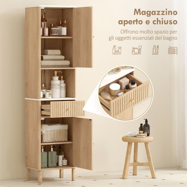 HOMCOM Colonna Bagno con Cassetto, 2 Armadietti e Ripiani Regolabili, Ripiano Effetto Marmo, 41.5x30x168 cm, Rovere | Aosom Italy