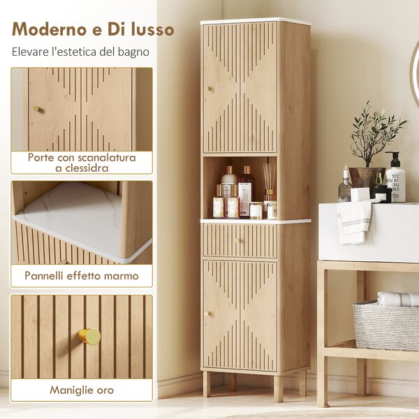 HOMCOM Colonna Bagno con Cassetto, 2 Armadietti e Ripiani Regolabili, Ripiano Effetto Marmo, 41.5x30x168 cm, Rovere | Aosom Italy