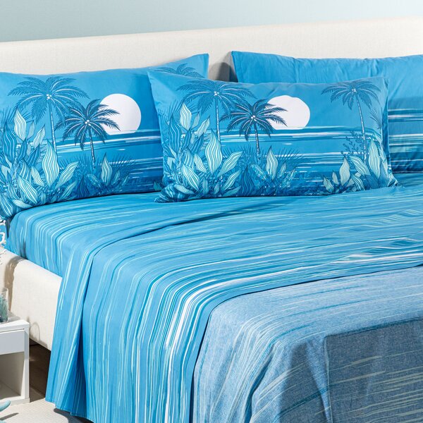 Completo Lenzuola SINGOLO Palm Spring BLU Cotone Caleffi