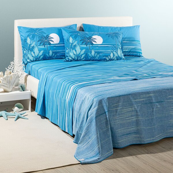 Completo Lenzuola SINGOLO Palm Spring BLU Cotone Caleffi