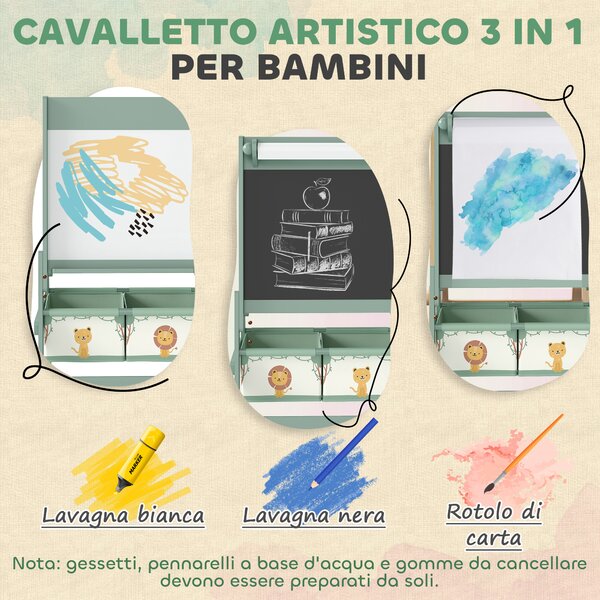 AIYAPLAY Lavagna per Bambini 3 in 1 con Cavalletto, Rotolo di Carta e 2 Cestelli, in Legno, 54x46x94 cm, Verde | Aosom Italy
