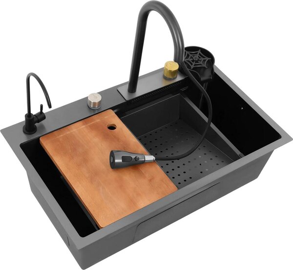 Lavello da cucina in acciaio inossidabile - Lavello da incasso 68x45 cm, vasca singola - Rettangolare, da incasso/sovrapposto - Struttura a nido d'ape nanotecnologica - Miscelatore estraibile e rubinetto per acqua filtrata - Grigio gunmetal
