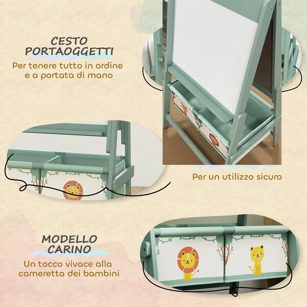 AIYAPLAY Lavagna per Bambini 3 in 1 con Cavalletto, Rotolo di Carta e 2 Cestelli, in Legno, 54x46x94 cm, Verde | Aosom Italy