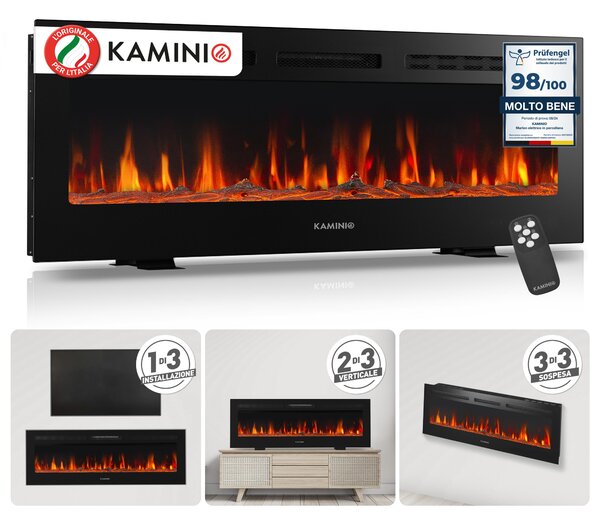 KAMINIO Camino elettrico MARLON - Caminetto elettrico 3-in-1 con riscaldamento, effetto fiamma 3D, 12 colori di fiamma, telecomando - 50 pollici