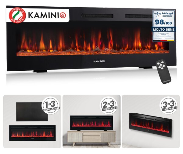 KAMINIO Camino elettrico MARLON - Caminetto elettrico 3-in-1 con riscaldamento, effetto fiamma 3D, 12 colori di fiamma, telecomando - 60 pollici