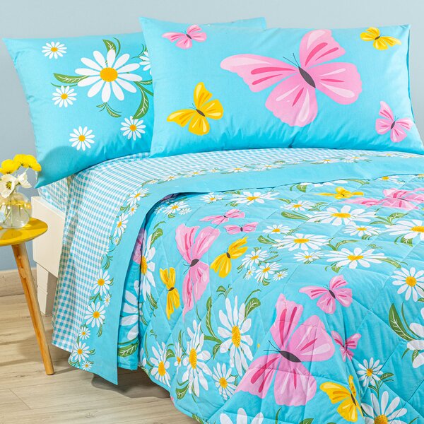 Copriletto Primaverile SINGOLO Margherite AZZURRO Cotone Caleffi