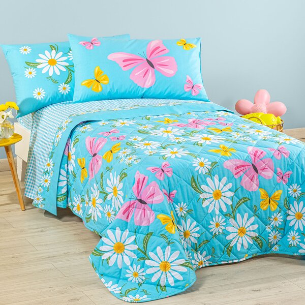 Copriletto Primaverile SINGOLO Margherite AZZURRO Cotone Caleffi