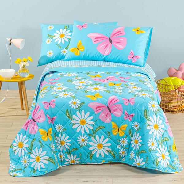 Copriletto Primaverile SINGOLO Margherite AZZURRO Cotone Caleffi