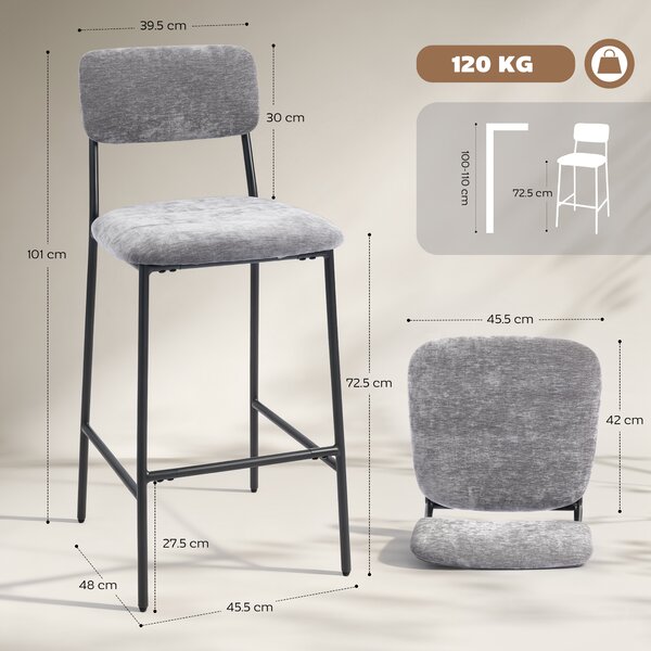 HOMCOM Set da 2 sgabelli da bar in tessuto chenille, sgabelli imbottiti, seduta ampia, schienale alto, 45,5x48x101cm, grigio | Aosom Italy