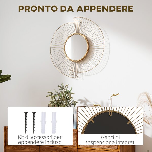 HOMCOM Specchio da Parete Rotondo con Strisce in Metallo e Design Plissettato, 60x60 cm, Oro | Aosom Italy