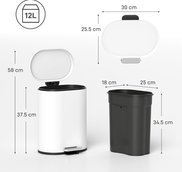 HOMCOM Cestino 12L a pedale con coperchio, contenitore interno, funzione Soft-Close, 30 x 25,5 x 37,5 cm, Bianco | Aosom Italy