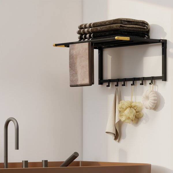 HOMCOM Portasciugamani da Parete, Pieghevole con 5 Barre e 6 Ganci 60 cm Nero | Aosom Italy