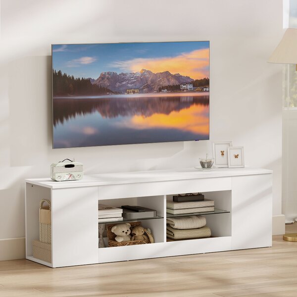 HOMCOM Mobile TV, 6 scomparti, 2 ripiani in vetro, pannello di truciolato, 140 cm, Bianco | Aosom Italy