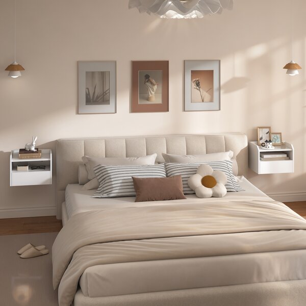 HOMCOM Set di 2 Comodini Sospesi con Stazione di Ricarica Cassetto Ripiano Aperto 40x29x29 cm Bianco | Aosom Italy