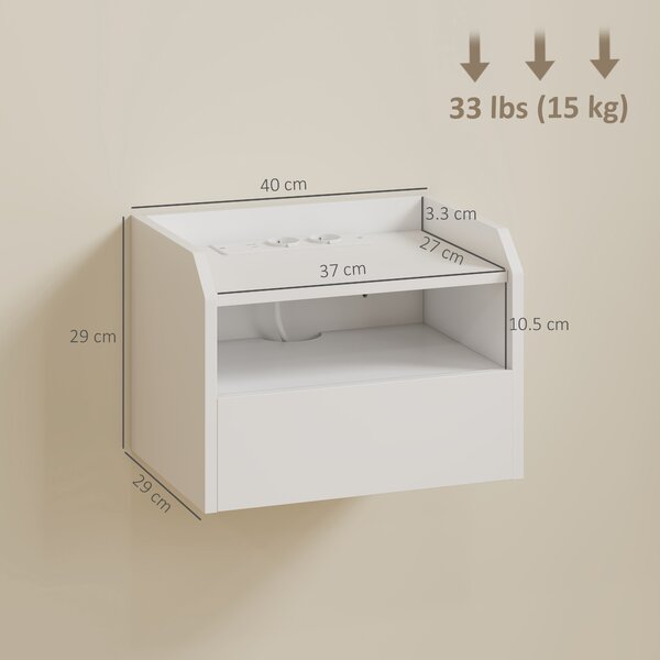 HOMCOM Set di 2 Comodini Sospesi con Stazione di Ricarica Cassetto Ripiano Aperto 40x29x29 cm Bianco | Aosom Italy