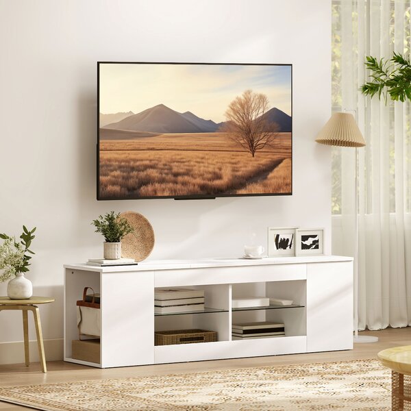 HOMCOM Mobile TV, 6 scomparti, 2 ripiani in vetro, pannello di truciolato, 140 cm, Bianco | Aosom Italy