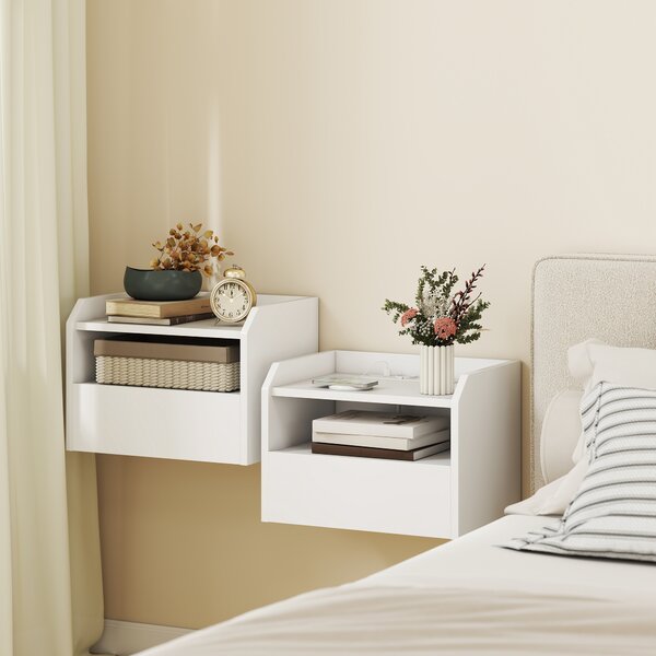 HOMCOM Set di 2 Comodini Sospesi con Stazione di Ricarica Cassetto Ripiano Aperto 40x29x29 cm Bianco | Aosom Italy