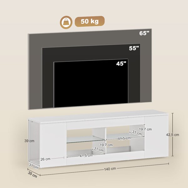 HOMCOM Mobile TV, 6 scomparti, 2 ripiani in vetro, pannello di truciolato, 140 cm, Bianco | Aosom Italy